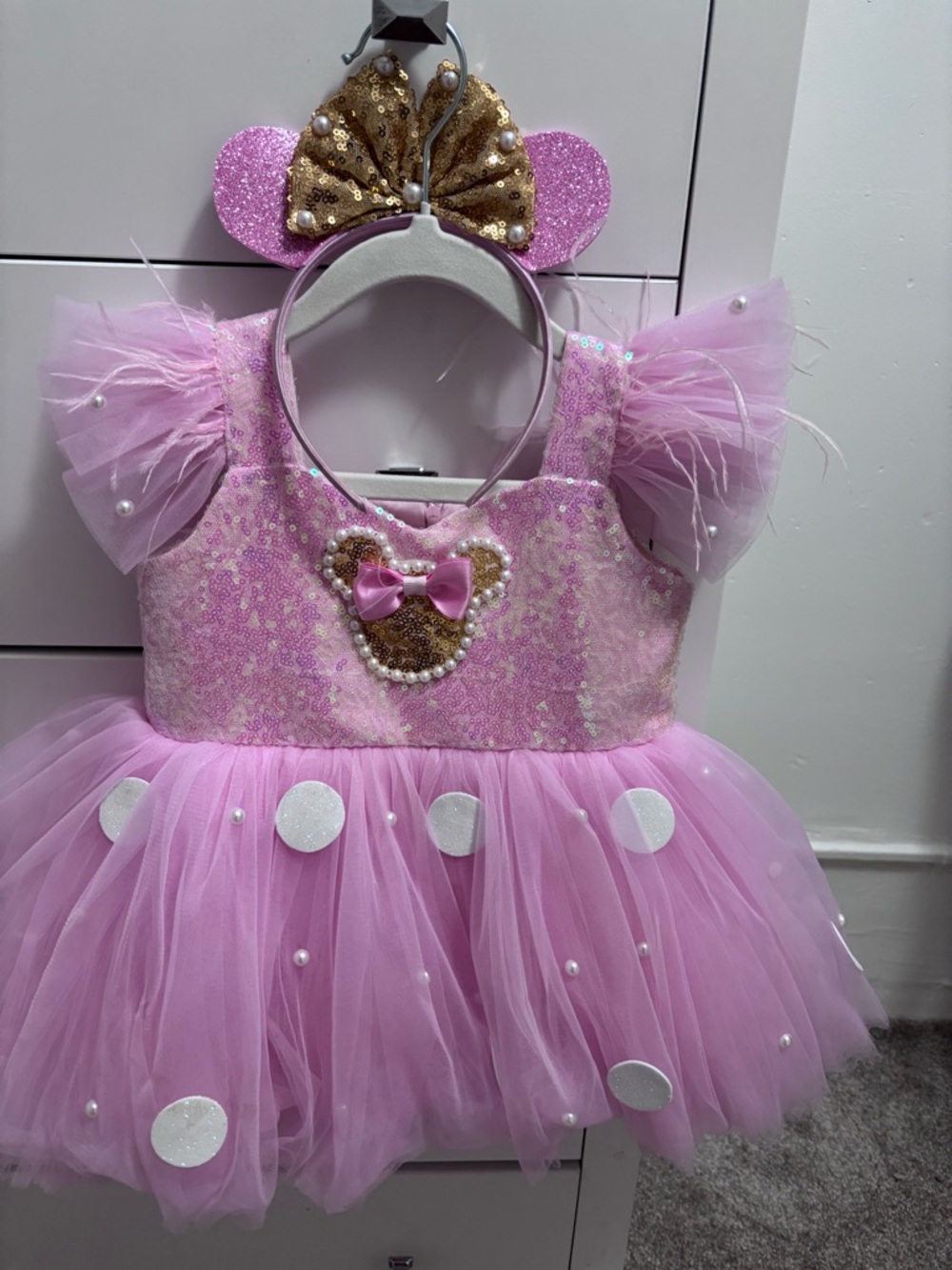 Pink Sequin Tulle Minnie-Style Kids Costume Dress with Headband